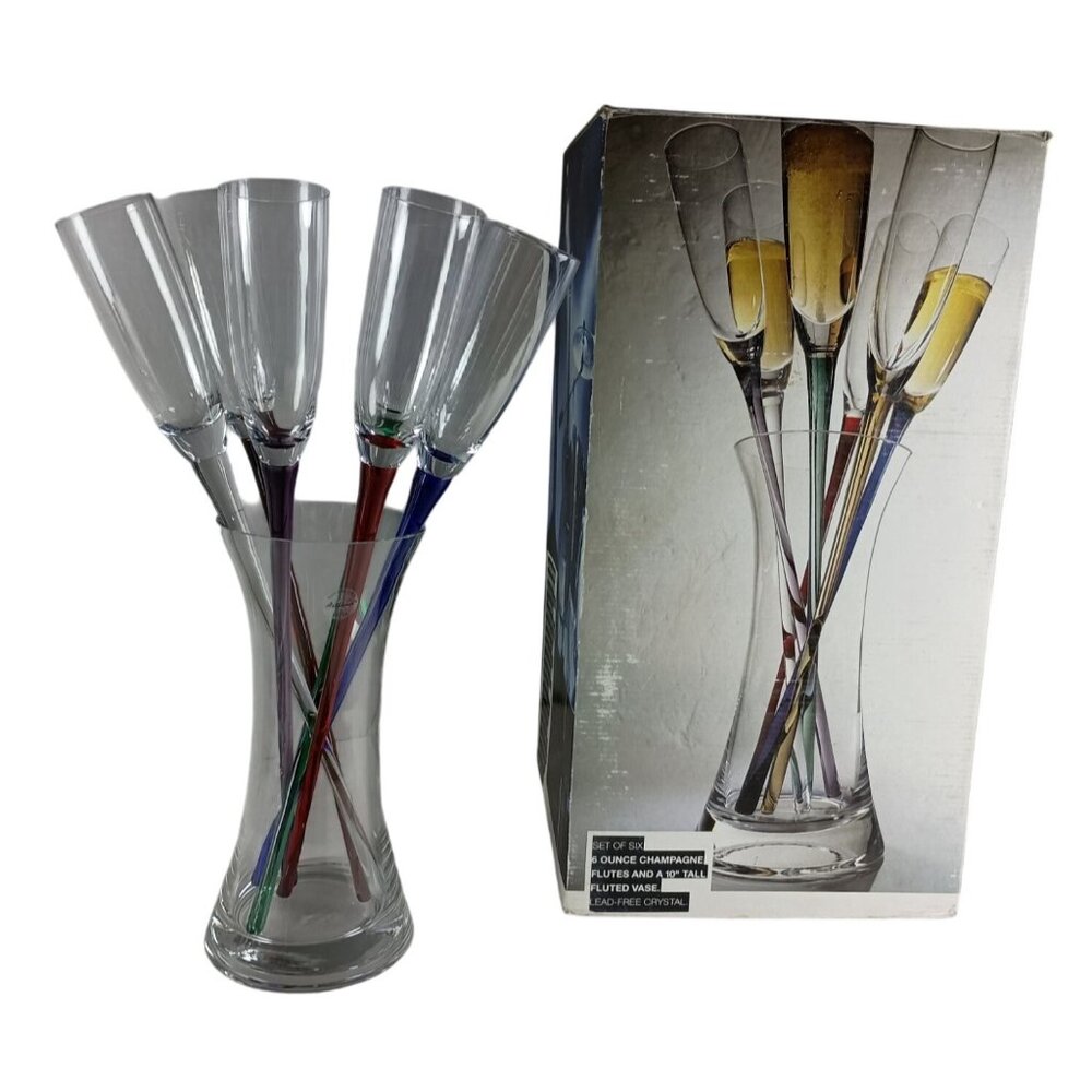 Artland Collection 6 Champagne Wine Flutes Glasses Hand Blown 6oz. Crystals NIB - Picture 1 of 11